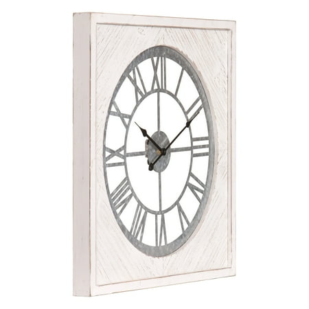 Patton Wall Decor 20 Inch Whitewash Wood and Metal Roman Numeral Wall Clock White
